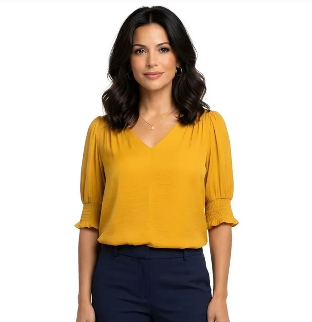 Madison d' Amelie Golden Mustard V-neck Elbow Sleeve Pullover Blouse Size M